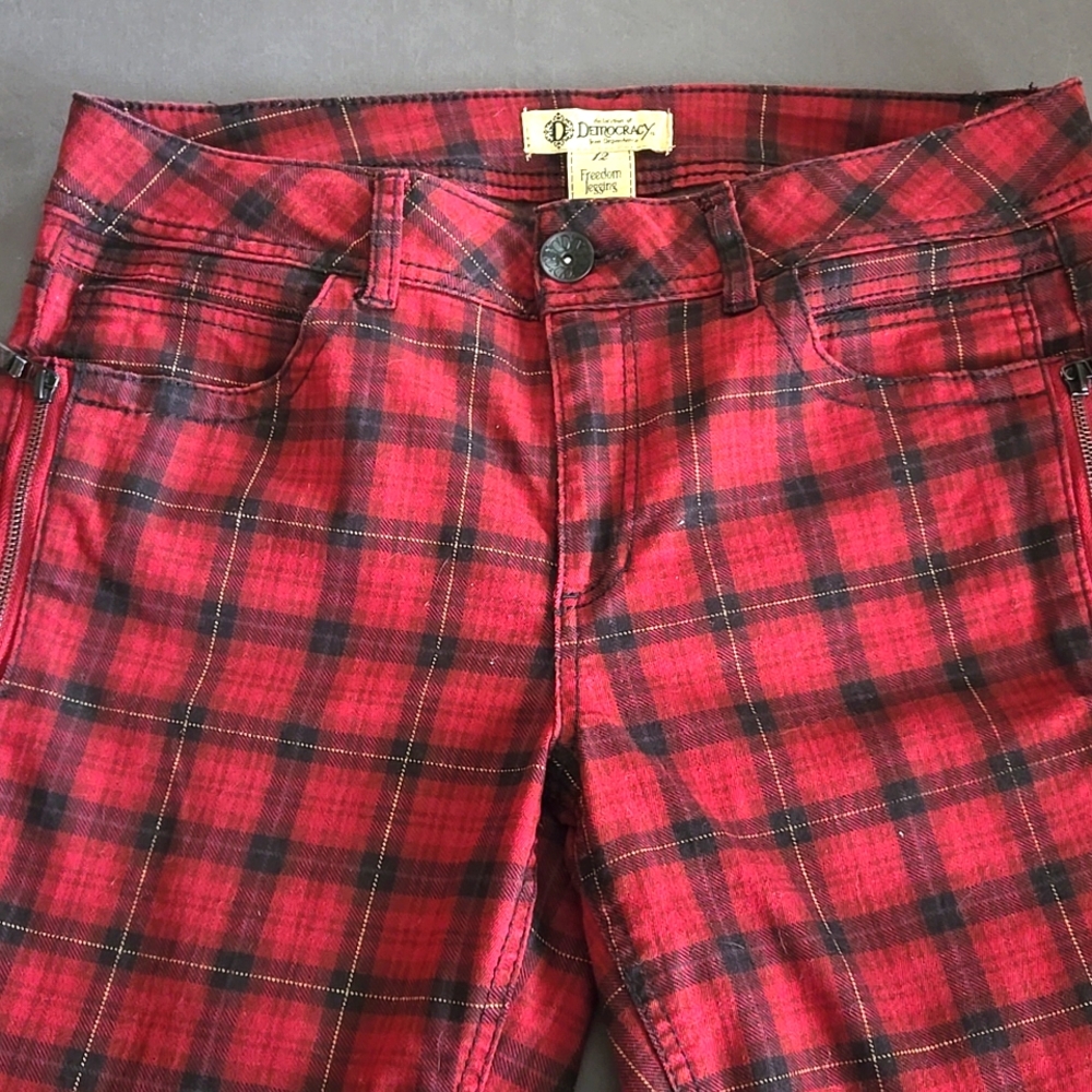 Red and black plaid stretch jeans